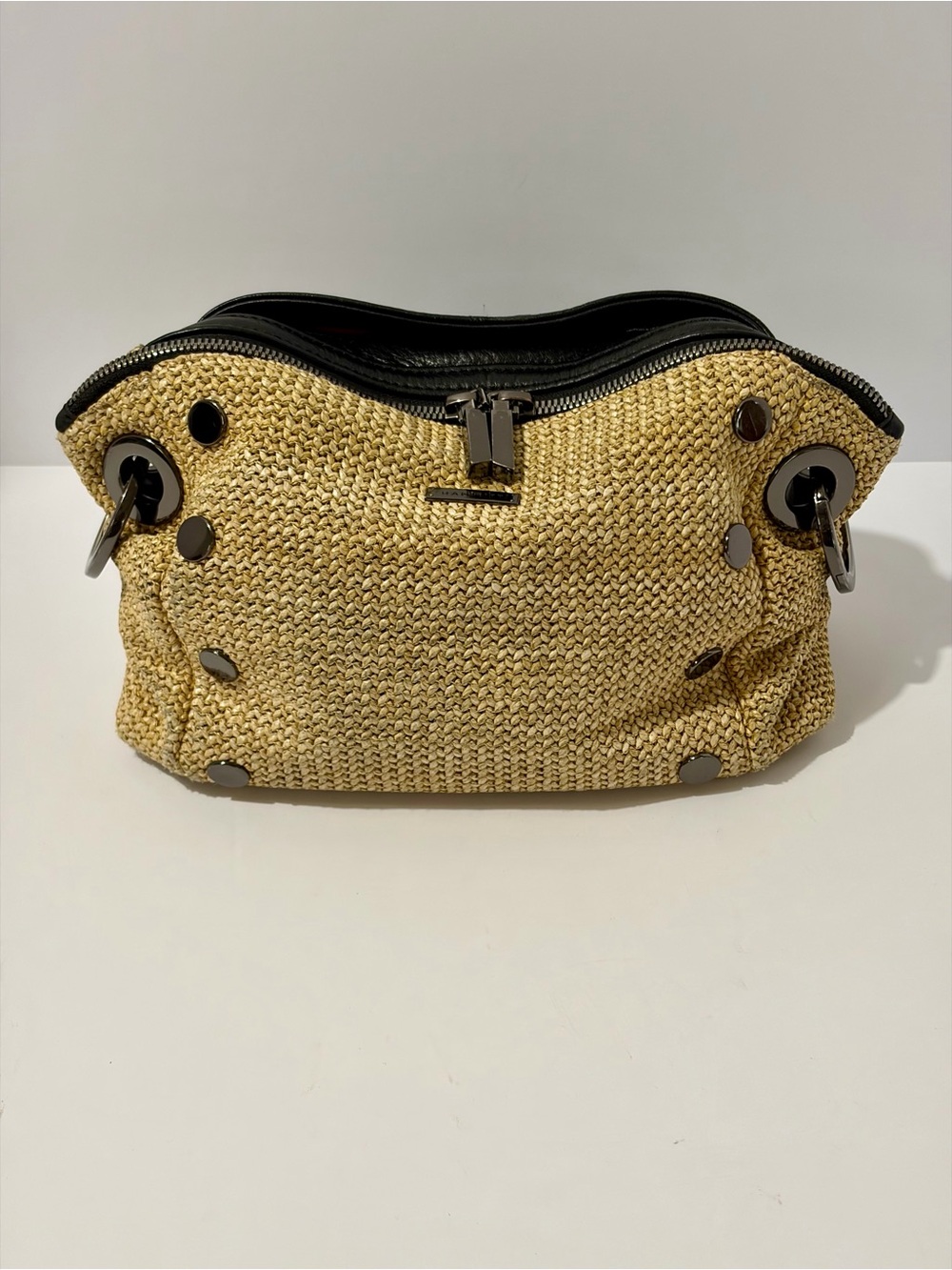 Hammitt Daniel Crossbody Clutch in Chaparral Raffia and gunmetal hardware